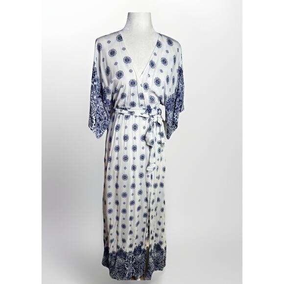 Lulus South of France Blue & Ivory Print Kimono V-Neck Maxi Dress Small Coastal - Picture 5 of 16